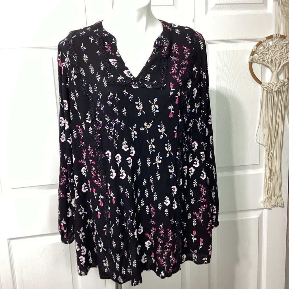 Lane Bryant Black Floral Lattice Detail Long Sleeve Tunic Blouse 18/20